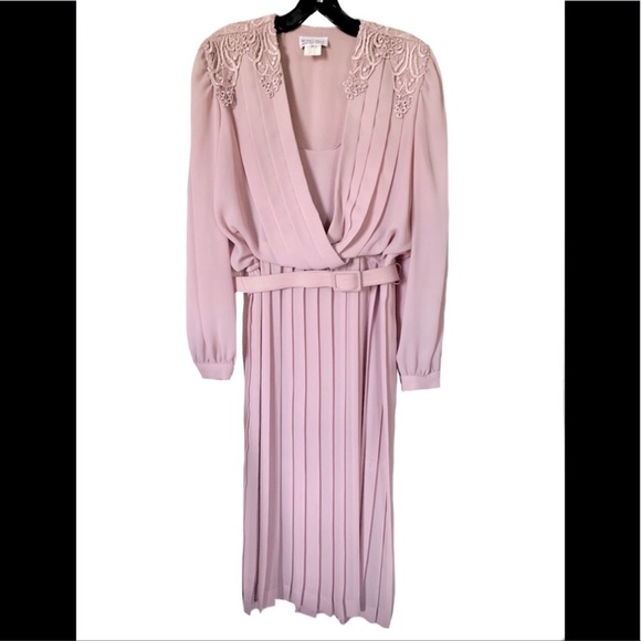 VTG mauve midi dress szS/M 70s In The Mood pleated secretary lace office vintage - Picture 1 of 10